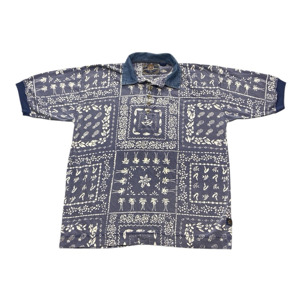 Vintage Pineapple Print Polo‎ Shirt Size M Denim Collar